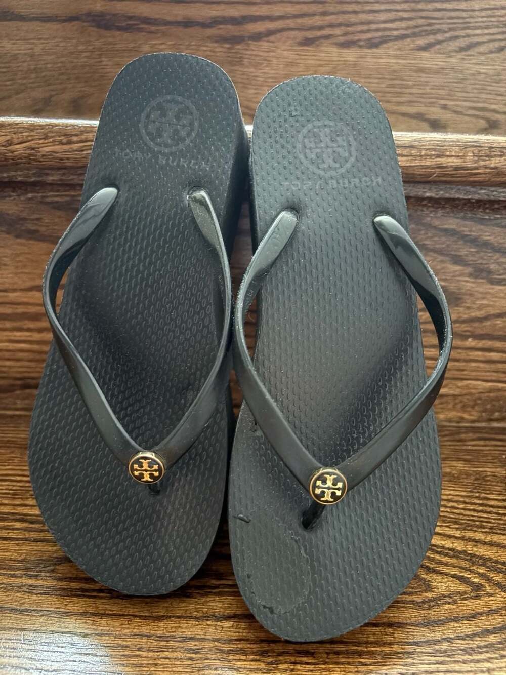 Tory Burch Black Rubber Wedge Flip Flops with Gold Logo Thong Sandals
